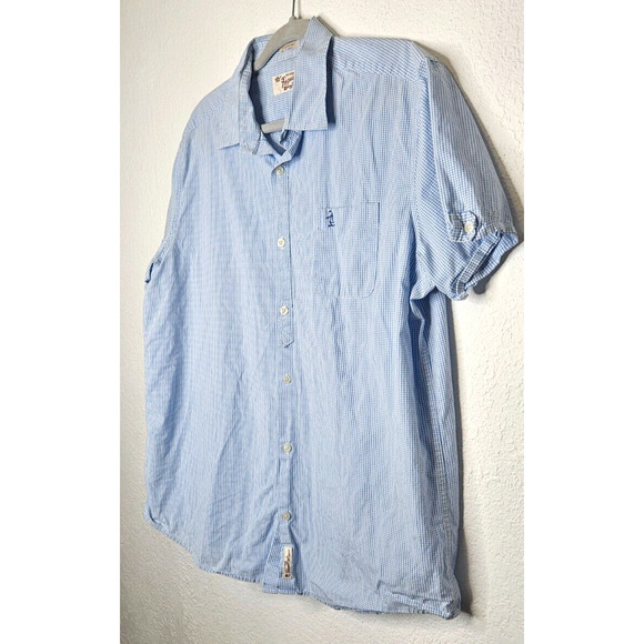 Original Penguin Mens Button Down Shirt XL Blue Gingham Logo Short Sleeve Cuffed - Picture 2 of 10